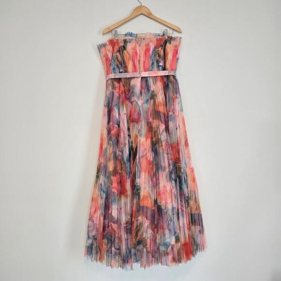 Hutch Coral Multi Swirl Strapless Pleated Fit Flare  Belted Midi Dress Sz 14 - Picture 5 of 12